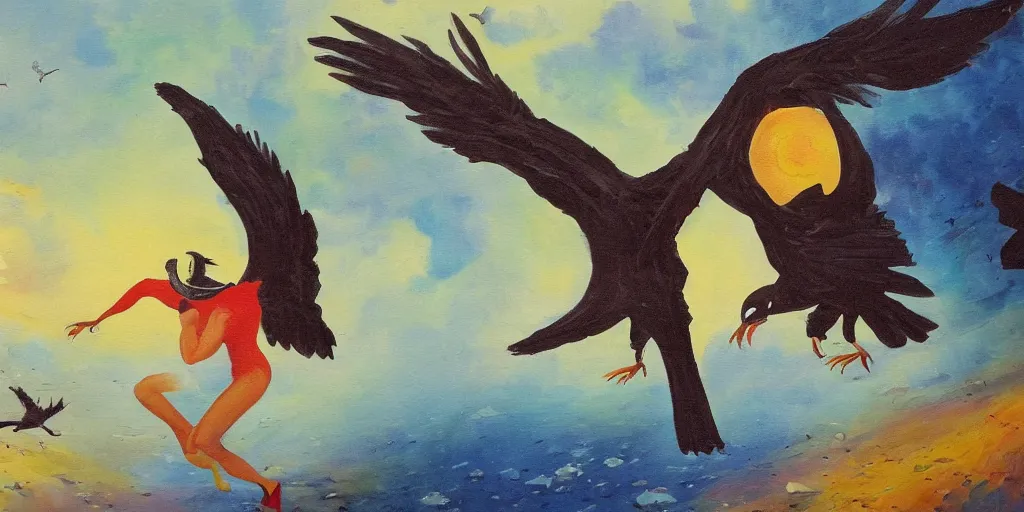 Prompt: giant crow painting chasing a girl in a magical landscape