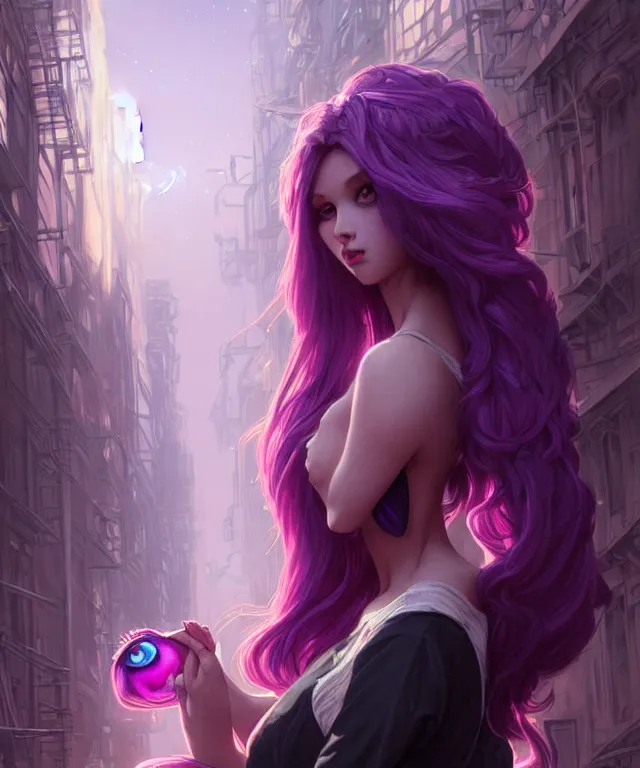 Prompt: anthropomorphic female Rabbit, eastern european origin, sci-fi, pink eyes, face, black and purple hair, fantasy, intricate, elegant, new york alleyway, moonlit, highly detailed, digital painting, artstation, concept art, smooth, sharp focus, illustration, art by artgerm and greg rutkowski and alphonse mucha