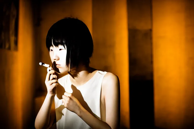 Image similar to photography masterpiece by haruto hoshi and yang seung woo, flash photography, portrait of a young japanese woman in a white dress smoking a cigarette in a cabaret night club, shot on a canon 5 d mark iii with a 3 5 mm lens aperture f / 5. 6, dslr, hd, full res, 4 k