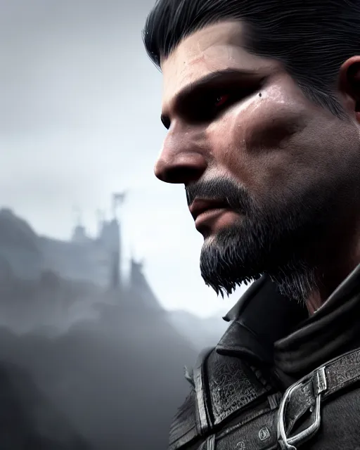 Image similar to adam jensen as geralt of rivia, cinematic, photorealistic, atmosphere, medieval town, fog, high quality, perfect, 8 k high detail, masterpiece, trending on artstation