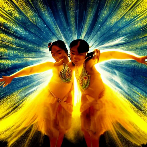 Prompt: two asian girls dancing, liquid golden and black fluid, magic hour, dramatic light, liquid painting, golden bodypaint, yellow and blue lightning, world best photography, indian patterns, bokeh, golden jewelry filigree, body detaily, ornaments, fresco by michaelangelo, golden rays, god rays, epic cinematic wallpaper