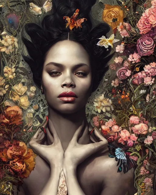 Prompt: portrait of the black queen of the underworld, surrounded by flowers by karol bak, james jean, tom bagshaw, rococo, sharp focus, trending on artstation, cinematic lighting, hyper realism, octane render, 8 k, hyper detailed.