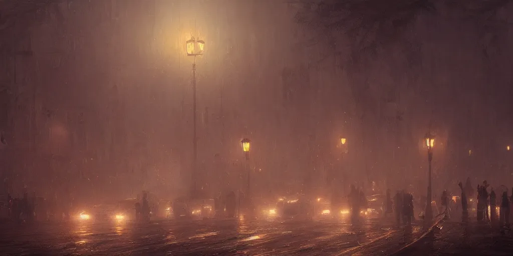 Prompt: a heavy swirling fogduring a parade, soft lighting, night, stephen bliss, misty, unreal engine, digital art, 8 k, oil painting, fantasy art, illustration, detailed and intricate environment