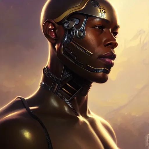 Image similar to ultra realistic illustration, a african american male cyborg soldier, intricate, elegant, highly detailed, digital painting, artstation, concept art, smooth, sharp focus, illustration, art by artgerm and greg rutkowski and alphonse mucha