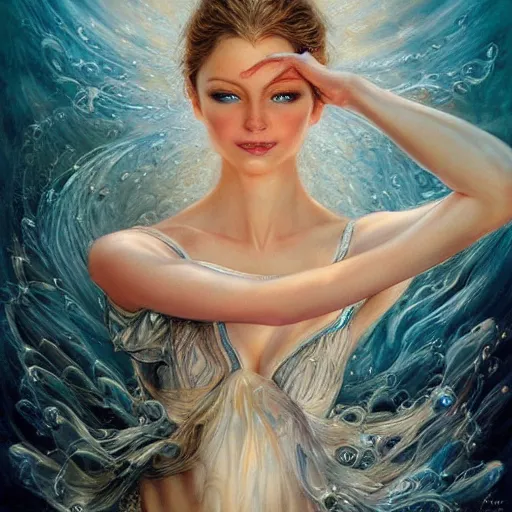 Image similar to a beautiful ballerina manipulating water by karol bak, ayami kojima, artgerm, river, water, blue eyes, smile, concept art, fantasy