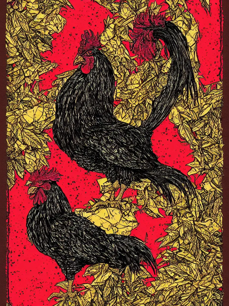 Prompt: dark military portrait of a majestic Fat!!!! Black Rooster, the King of rooster old decrepit tarot card, red gold black royal tarot card background, with blunt brown border, with green Cannabis Leaves, ultra-detailed pen and ink illustration, vibrant red colour and shiny gold, sharp focus, matte painting, symmetrical, golden ratio, cgsociety, concept art, 8k, octane render, artstation, art by greg rutkowski and Alphonse Mucha