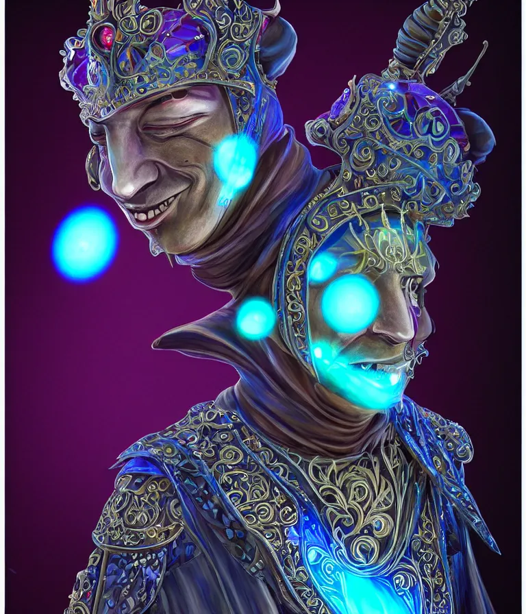 Image similar to front!!! shot of a court jester!!! character, hyperdimensional, bioluminescent hypercubes!!!, dark holography!!!, spectral, chrome, (((intricate))), elegant, highly detailed, centered, (((artstation, concept art, smooth, sharp focus, artgerm, Tomasz Alen Kopera, Peter Mohrbacher, donato giancola, Joseph Christian Leyendecker, WLOP, Boris Vallejo))), mugshot!!!!!, ugly!!!!!!, octane render, nvidia raytracing demo, octane render, nvidia raytracing demo, octane render, nvidia raytracing demo, grainy, muted, 8K, digitalblasphemy, metatron