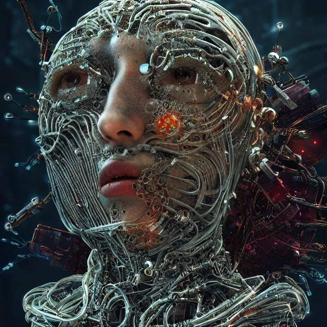 Image similar to timeless cybernetic deity with circuitry skin and networked mind tripping on acid, intricate detail, royo, whealan, giger, klimt, hd, octane render, unreal engine,