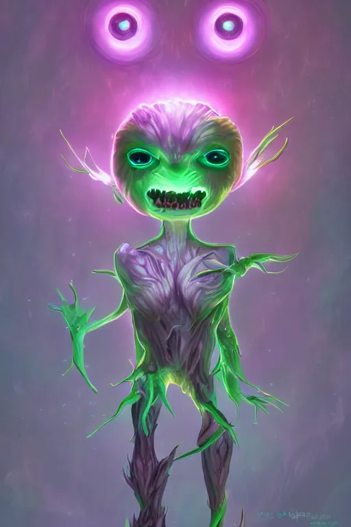 Prompt: a glowing humanoid figure plant monster with large eyes, smiling, highly detailed, digital art, sharp focus, trending on art station, plant, anime art style