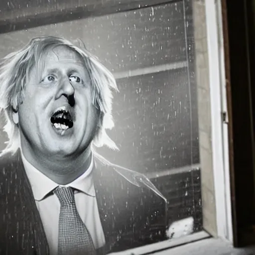 Prompt: a photo taken from the inside of an old house showing the curtains of a window being pulled back to reveal a terrifying boris johnson with his face pressed against the window, boris ’ hand placed on the window, horrifying grin. raining, thunderstorm, night time