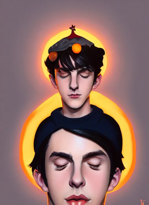 Image similar to portrait of teenage jughead jones wearing a light grey crown, crown, hamburger background, eyes closed, crown, black hair, orange, intricate, elegant, glowing lights, warm lighting, highly detailed, digital painting, artstation, concept art, smooth, sharp focus, illustration, art by wlop, mars ravelo and greg rutkowski