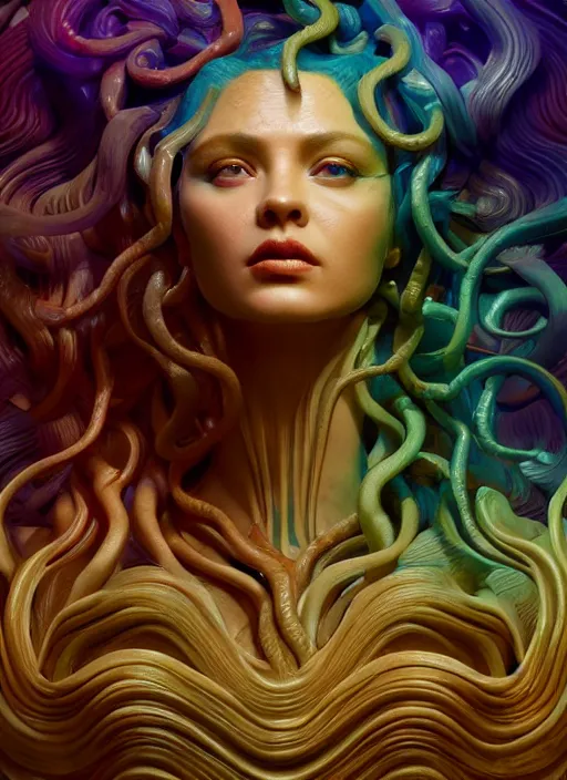 Image similar to medusa made of wax, wooden art nouveau swirls, strong subsurface scattering, cables, tubes, subsurface scattering, in the style of ruan jia and giger, subsurface scattering, mystical colors, rim light, dramatic lighting, 8 k, stunning scene, raytracing, octane render, trending on artstation