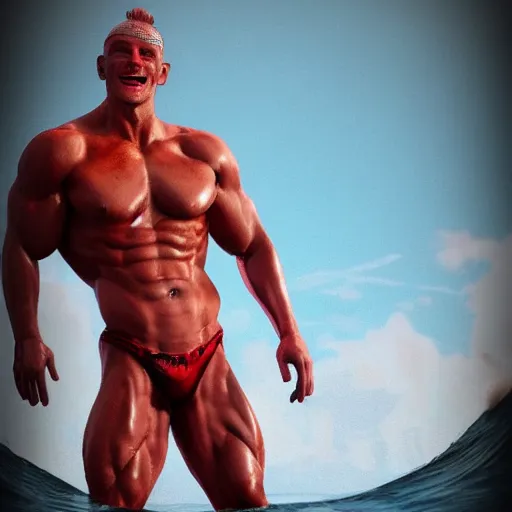 Image similar to a male bodybuilder red devil wears a swimming trunks ,fullbody, hell, landscape,environment, artstation