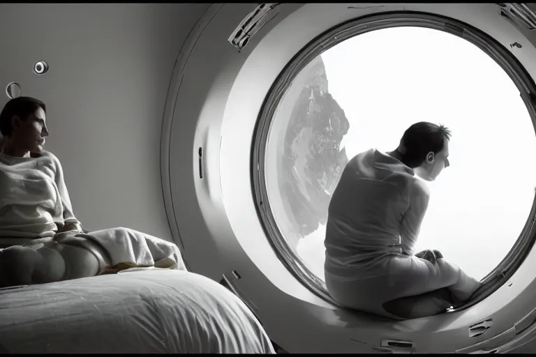 Image similar to sci-fi scene of space tourists in glamourous spaceship bedroom looking out large circular window at earth orbit By Emmanuel Lubezki