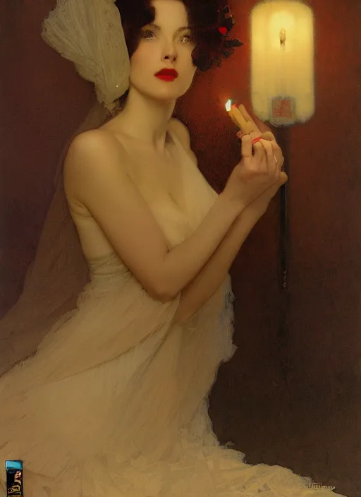 Image similar to a romantic photo of a woman in a dark room wearing lace smoking a cigarette advertisement photography by mucha, nick alm, ruan jia, norman rockwell, greg rutkowski, greg manchess, ethereal, dark, candlelight, pagan, extremely coherent, sharp focus, elegant, sharp features, render, octane, detailed, award winning photography, masterpiece, rim lit