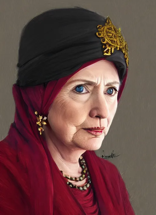 Image similar to portrait of hillary clinton as a muslim, jewelry, greek, ruby, victorian age, 1 8 9 0, intricate, headshot, key visual, conceptart, ambient lighting, highly detailed, digital painting, artstation, concept art, sharp focus, by makoto shinkai and akihiko yoshida and greg manchess