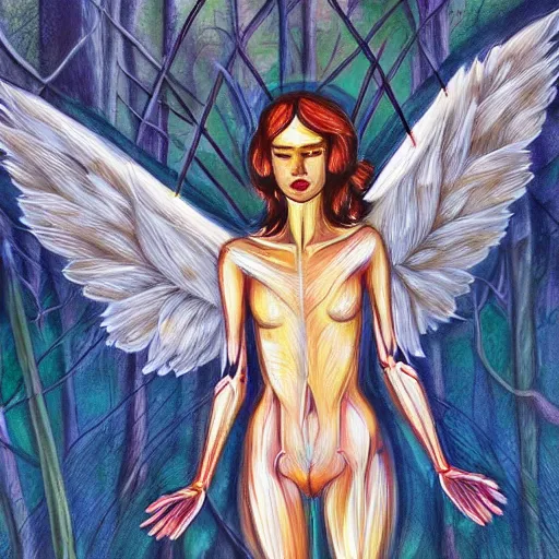 Image similar to modern Angel standing in the front of a forest . Angel is anatomical. Medical picture.Digital painting. Art station. Mood lighting. Skindness, highly detailed, concept art, intricate, sharp focus, man ray - h 1200