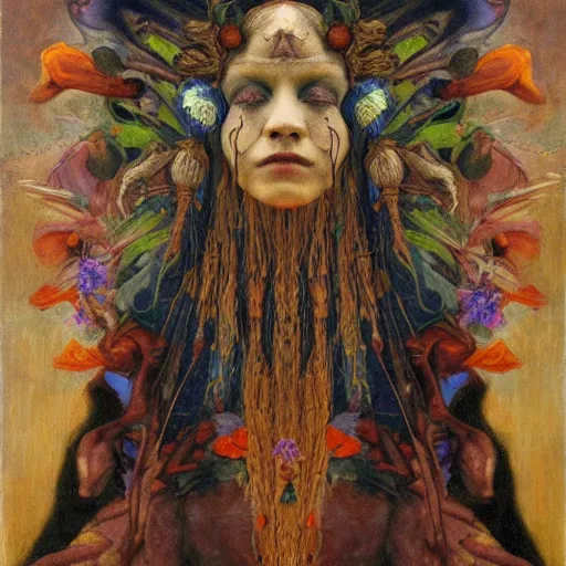 Image similar to masterpiece painting of a dark flower shaman, by annie swynnerton and jean delville and diego rivera and evelyn de morgan, facemask made of flowers, art brut, outsider art, symbolist, dramatic lighting, god rays, elaborate geometric ornament, clean crisp graphics, smooth sharp focus, extremely detailed, adolf wolfli