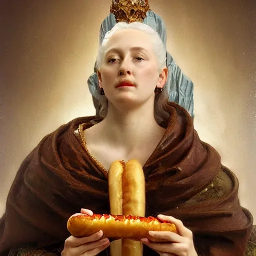 Image similar to beautiful lifelike award winning marble statue bust of dronning magrethe eating a hotdog trending on art station artgerm greg rutkowski alphonse mucha museum quality cinematic atmospheric