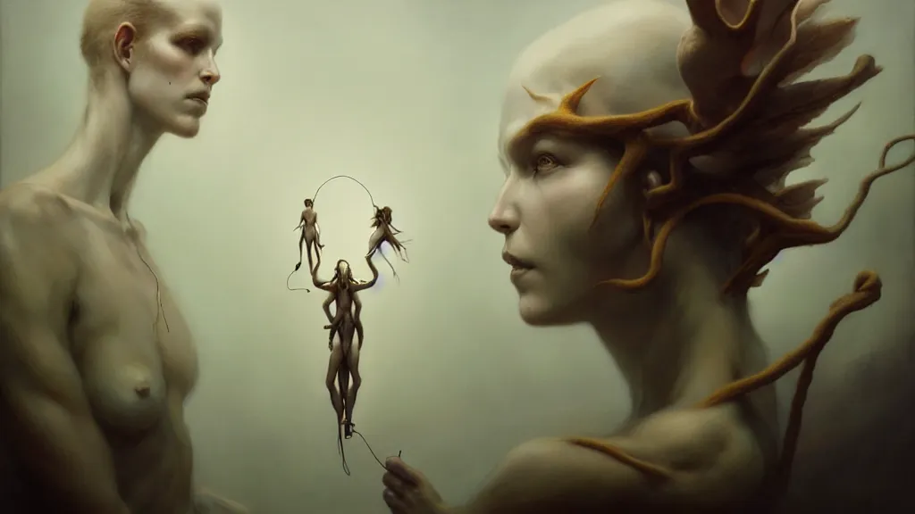 Image similar to people tethered and sewn to each other, in the style of peter mohrbacher by weta digital and beth cavener, high face symmetry, intricate, masterpiece, award winning, high face symmetry, intricate