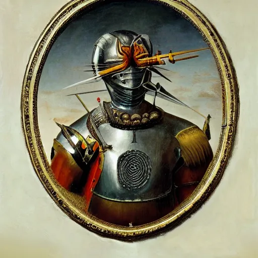 Prompt: a realistic painting by Raffaello Sanzi depicting the knight in shining armor with the head of the symbiotic Venom in the Renaissance.