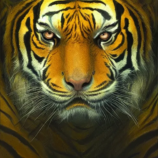 Prompt: portrait of reptilian tiger, centered, digital painting, artstation, concept art, by donato giancola, Sean Yoro, Greg Rutkowski, trending on Artstation, Joseph Christian Leyendecker, WLOP, Boris Vallejo, dark, moody, foggy