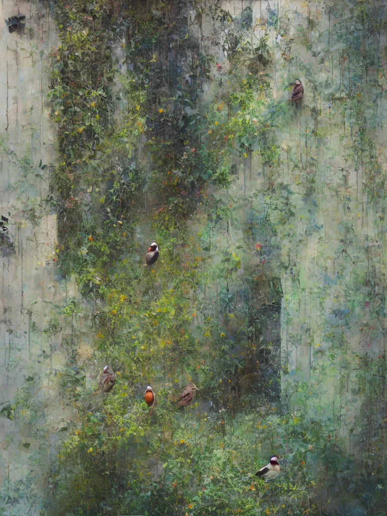 Image similar to abstract wall, hyperrealistic sparrows, impressionist greenery, sea visible through the cracks in the paint. By Gregory Mortenson, Alyssa Monks, Stephen Bauman, Conor Walton, Casey Baugh, Jeremy Lipking, Adam Miller, Mario Robinson. oil on canvas.