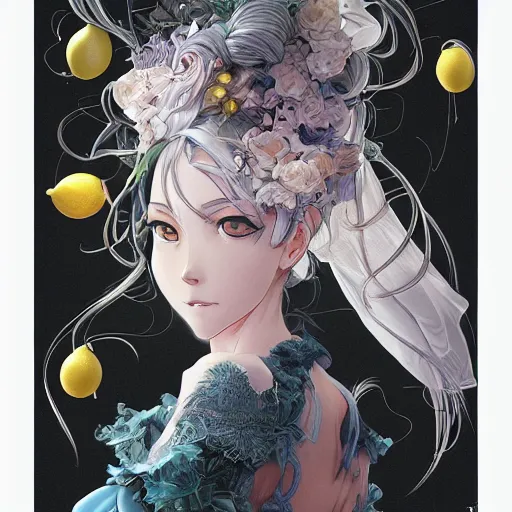 Image similar to the portrait of an absurdly beautiful, graceful, elegant, sophisticated, young teen anime girl made up of lemons looking up, an ultrafine hyperdetailed illustration by kim jung gi, irakli nadar, intricate linework, bright colors, octopath traveler, final fantasy, unreal engine 5 highly rendered, global illumination, radiant light, detailed and intricate environment