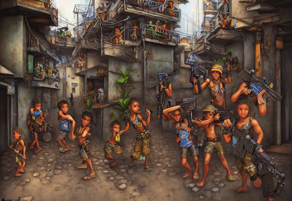 Image similar to photorealistic favela rio with guns and kids in by Justin Gerard