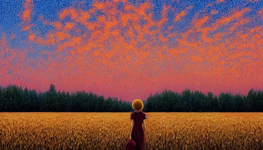 Image similar to giant red carnation afro head, full body, full body, girl walking through empty wheat field, surreal photography, forest background, sunrise dramatic light, impressionist painting, colorful clouds, digital painting, pointillism, artstation, simon stalenhag