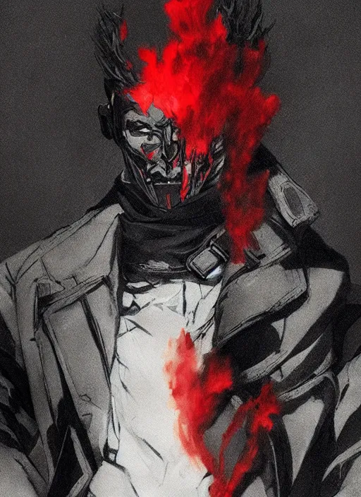 Prompt: half body portrait of an evil deity, a man in black mask and black rugged long trench coat made of smoke, red aura. in style of yoji shinkawa and hyung - tae kim, trending on artstation, dark fantasy, great composition, concept art, highly detailed, dynamic pose.