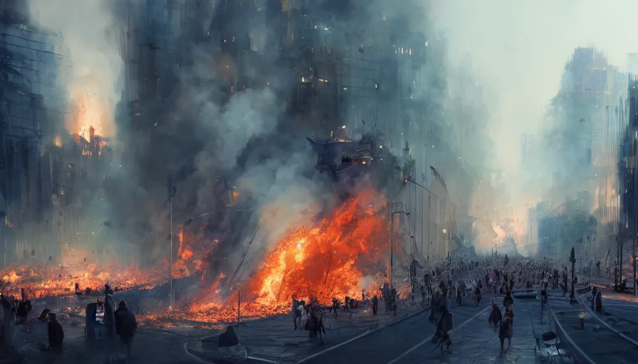 Image similar to people on city watching burning place crashing towards them, hyperdetailed, artstation, cgsociety, 8 k