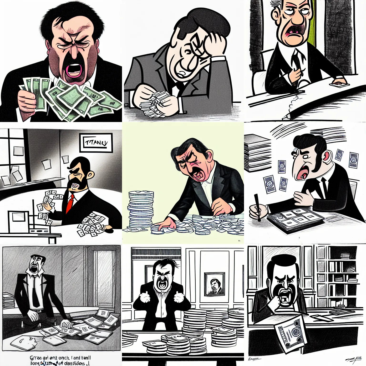 Prompt: angry italian man has a tantrum at a grand office desk. Piles of money. Line drawing, Doug Hill Style