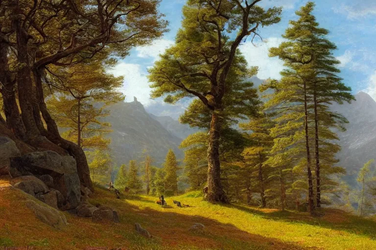 Prompt: runestone, monument, mountains, trees, beautiful nature, very detailed, focused, oil painting, colorful, canvas, artstation, national geographic, Sydney Mortimer Laurence, Albert Bierstadt, Theodor Kittelsen, Hans Dahl, Konstantin Yakovlevich Kryzhitsky