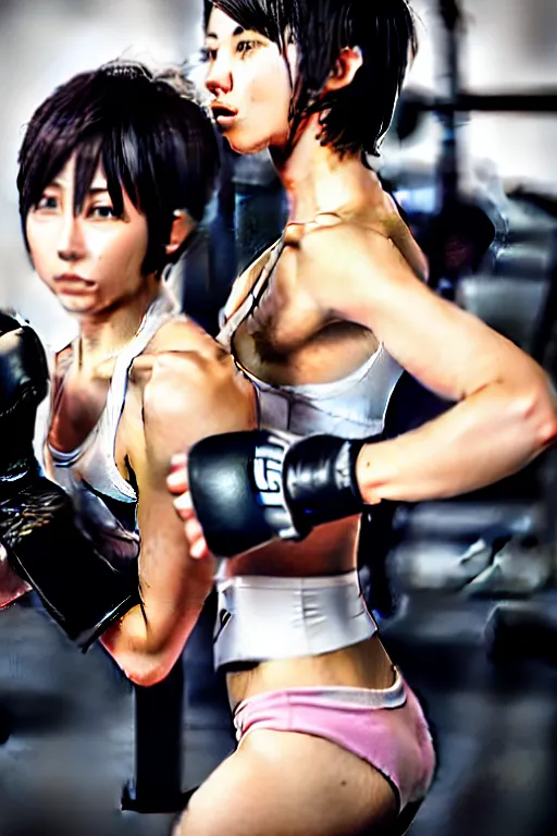 Prompt: two beautiful female fighters with short hair facing each other in the gym, gorgeous features, high definition, sharp focus, detailed anime art