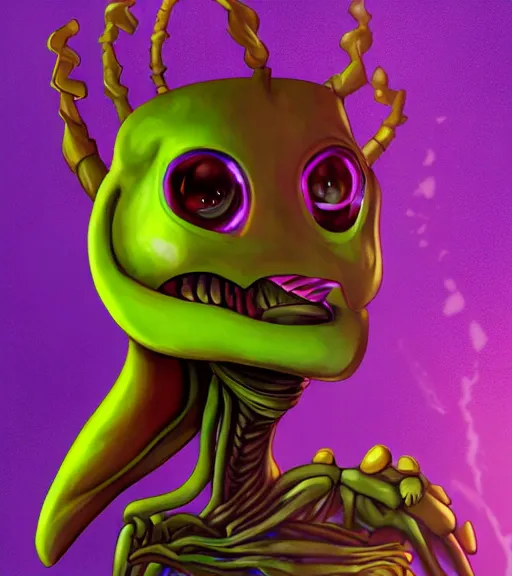 Image similar to character portrait art, ant alien with love in its heart, trending in artstation, purple color lighting