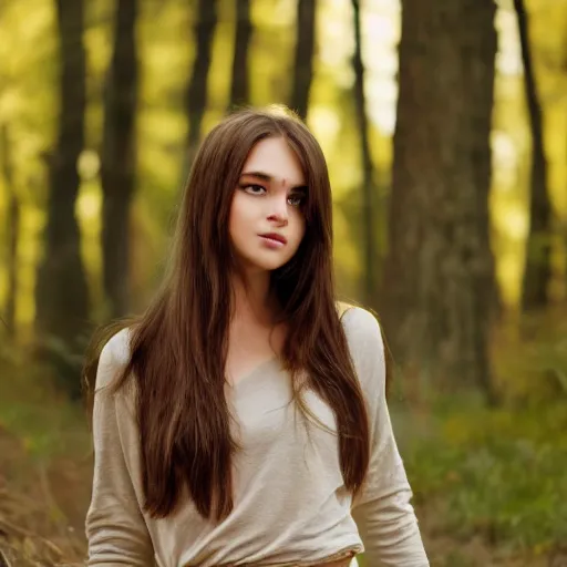 Prompt: real life photo of a beautiful girl, full body photoshoot, long brown hair, brown eyes, full round face, short smile, long sleeved belly free brown shirt, forest setting, cinematic lightning, medium shot, mid - shot, highly detailed, trending on artstation, unreal engine 4 k, 8 0 mm, 8 5 mm, cinematic wallpaper