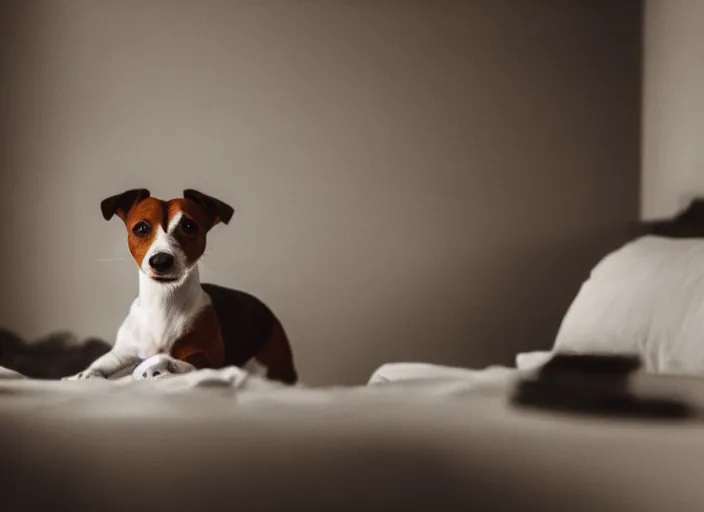 Image similar to photography of a Jack Russel . watching outside the window. on a bed. in a vintage room full of vinyls and posters.,volumetric light, photorealistic,, award winning photo, 100mm, sharp, high res