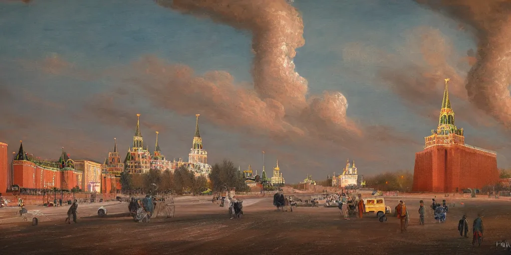 Prompt: a beautiful painting of nuclear strike on Moscow Kremlin by Andreas Marschall, 8k, high detail, advanced rendering whimsically designed art, 4k post-processing highly detailed, Soft illumination