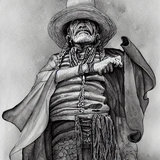 Image similar to old shaman and american man near him, old mexican magician closes eyes, gray haired, a 3 / 4 view watercolor ink painting, in the style of jean giraud in the style of moebius trending on artstation deviantart pinterest detailed realistic hd 8 k high resolution