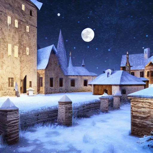 Image similar to a medieval village at night with the moon in the sky realistic, Artstation, snowy