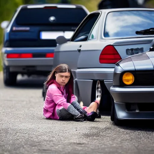 Image similar to close - up of angry greta thunberg with a bmw m 3 e 3 0 in the background, spewing black smoke from it's exhaust