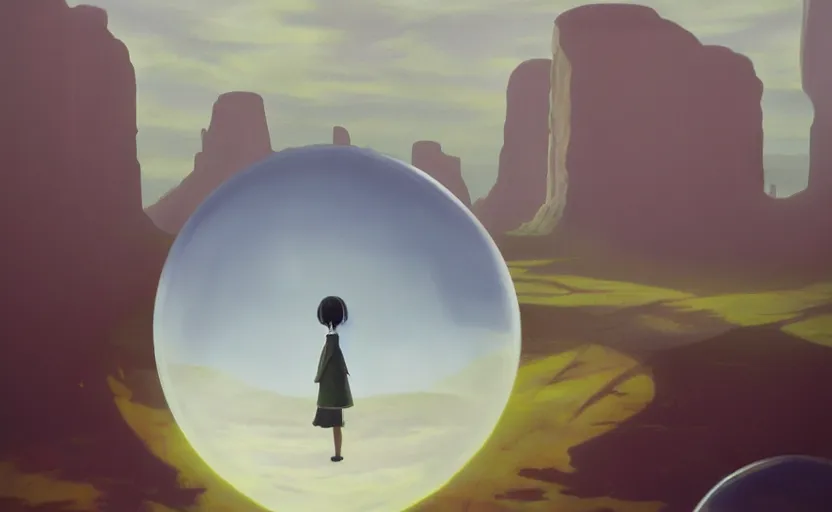 Image similar to hyperrealist painting of a cube inside a giant transparent bubble from howl's moving castle ( 2 0 0 4 ) in a flooded monument valley stonehenge jungle. 1 9 7 0 s science fiction, moody, misty, depth perception, 4 k, artstation, in the style of studio ghibli