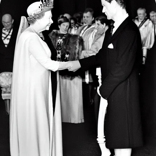 Prompt: detailed black and white photo of queen elizabeth ii meeting julius caesar