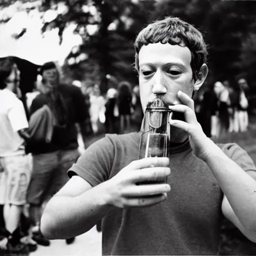 Prompt: photograph of mark zuckerberg smoking bongs and selling acid at powder ridge rock festival, 1 9 7 0