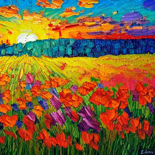 Image similar to a painting of a sunset over a field of flowers, an oil painting by erin hanson, deviantart, american impressionism, rich color palette, impressionism, fauvism