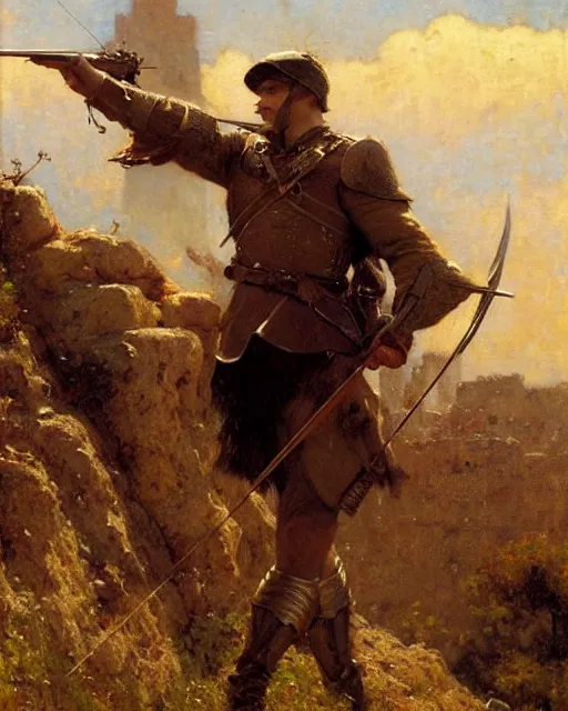 Prompt: attractive crossbowman watches an army approach, he is on a castle wall, painting by gaston bussiere, craig mullins, j. c. leyendecker