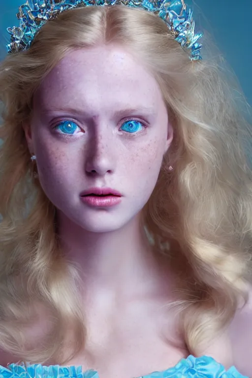 Prompt: a princess with long blonde hair and light blue eyes wearing a strapless elaborately beaded pink dress, high resolution film still, 8k, HDR color, film by Simon Langton and David Frankel, triangular face, very light freckles, round narrow chin, straight jawline, natural lips, high cheekbones, beautiful gazing eyes