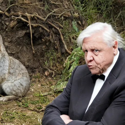 Prompt: david attenborough sitting next to a snarling angry rabbit, still from nature documentary