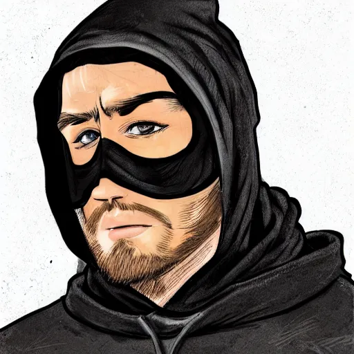 Prompt: a highly detailed headshot portrait of a man wearing a ski mask with a hoodie concept art